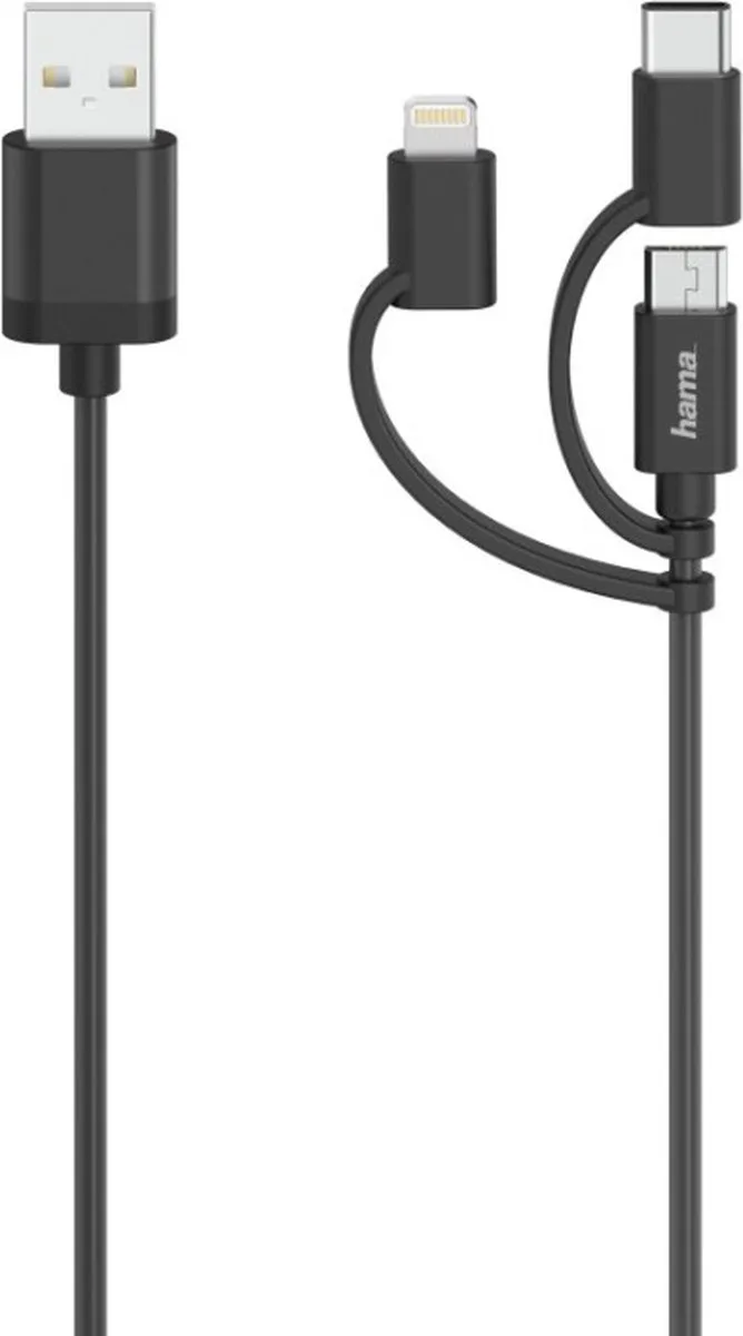 Micro-USB-kabel 3in1 Incl. Adapt. Naar USB-C & Lightning USB 2.0 0,75 M från Hama i Svart – produktbild