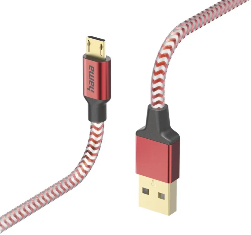 Reflective USB-A naar Micro-USB Kabel - Oplaadkabel geschikt voor Smartphone / Android - Gevlochten nylon - 3A USB 2.0 - 480Mbps - 150cm - Rood von Hama in Rood – USB-A naar Micro-USB Kabel – Produktfoto