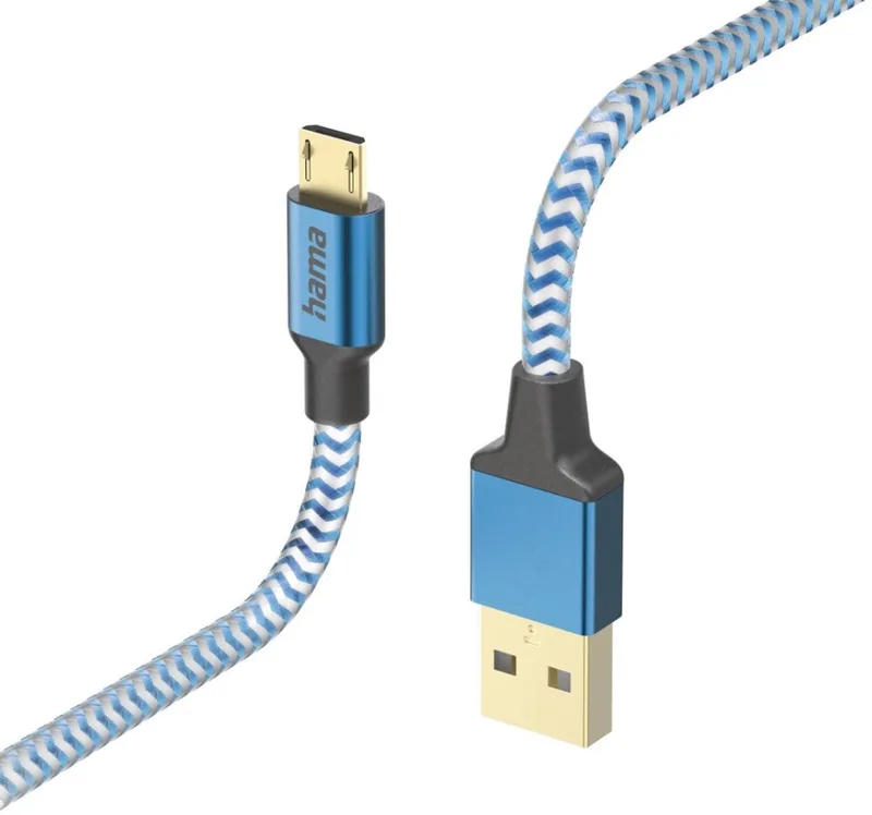 Reflective USB-A naar Micro-USB Kabel - Oplaadkabel geschikt voor Samsung / Android - Gevlochten nylon - 3A USB 2.0 - 480Mbps - 150cm van Hama in Blauw – productfoto
