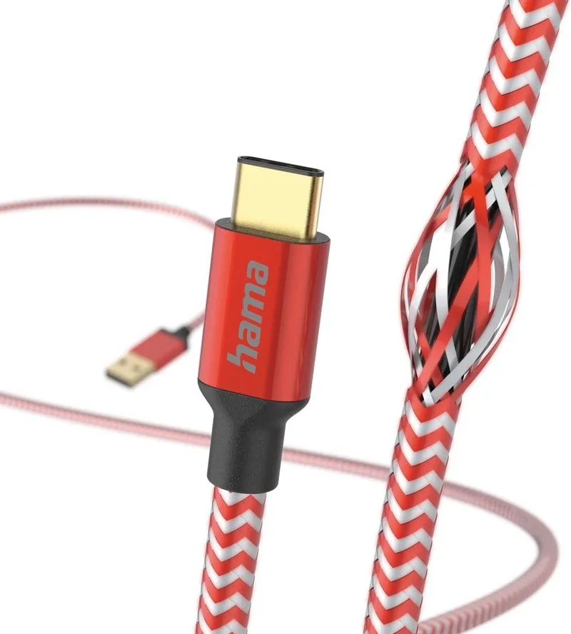 Reflective USB-A naar USB-C Kabel - Oplaadkabel geschikt voor Samsung / Android - Gevlochten nylon - 3A USB 2.0 - 480Mbps - 150cm - Rood von Hama in Rood – USB-A naar USB-C Kabel – Produktfoto