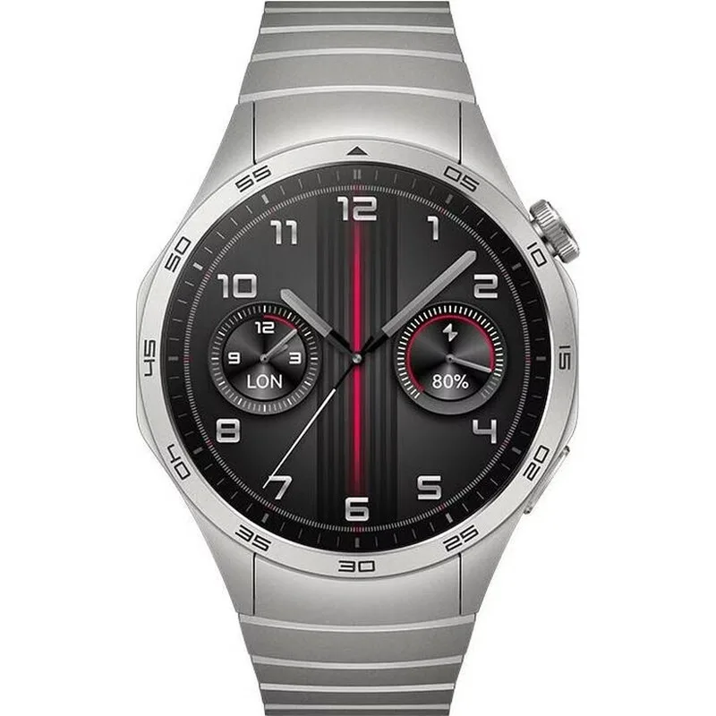 Watch GT4 46 mm Smartwatch, 1,43 Zoll AMOLED Display, Edelstahlgehäuse und Link-Armband, Bis zu 14 Tage Akkulaufzeit, IP68 und 5 ATM, GPS, Bluetooth 5.2, NFC, Silber van Huawei – productfoto
