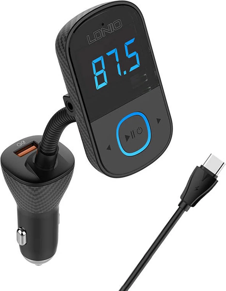 FM Transmitter met grais TYPE C Lader LDNIO Bluetooth C705Q 2USB, USB-C Transmiter FM + USB-C cable de LDNIO en Noir – photo produit