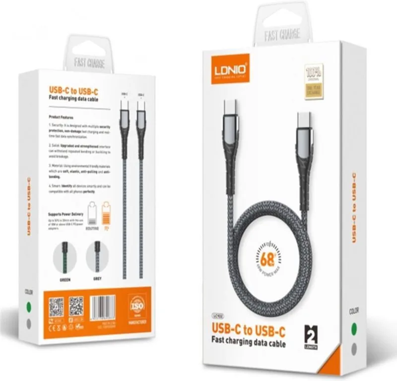 LC102 USB-C naar USB-C kabel - 2M - TYPE C PD datakabel - oplaadkabel de LDNIO en Noir – photo produit