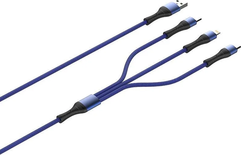 LC93 3.4A 3in1 Lightning - Data Micro USB en Type-C kabel by LDNIO in Blue – product photo