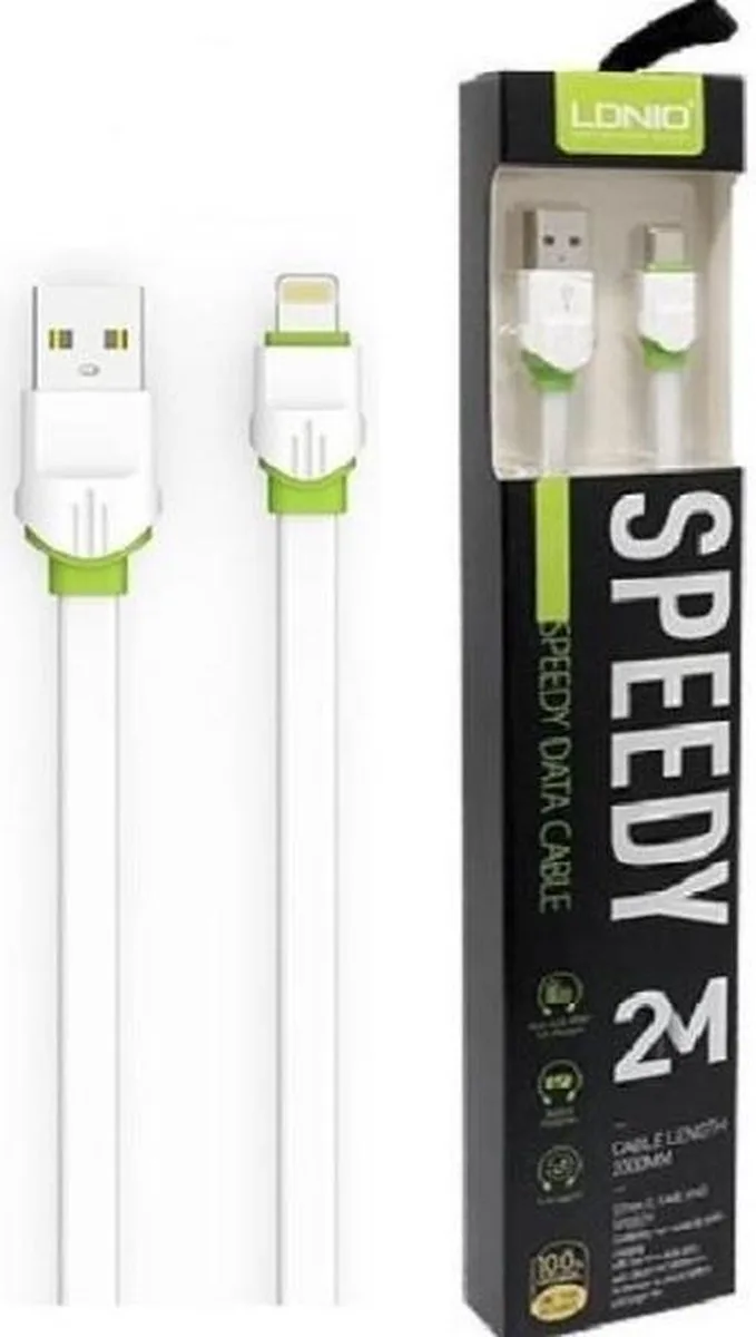 Lightning USB kabel LS35 - 2 meter Geschikt voor: Lightning Fast Cable voor Apple iPhone 13 / 12 / 11 / X / XS / XR / MAX / SE / 5 / 6 / 7 / 8 / Plus - iPhone oplader kabel by LDNIO in White – product photo