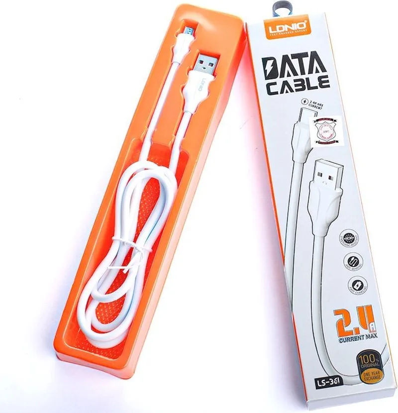 LS361 1 Meter USB C Kabel naar USB voor Oplader - Type C Cable - Geschikt voor: Samsung / Huawei / LG / Motorola / Nokia / OnePlus / Oppo / Sony / Xiaomi van LDNIO in Wit – productfoto