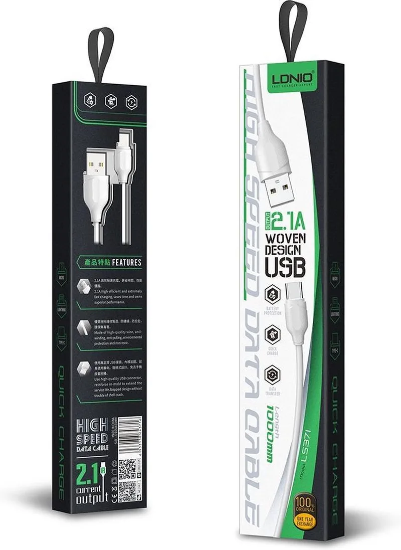 LS371 1 Meter USB C Kabel naar USB voor Oplader - Type C Cable Geschikt voor: Samsung S9 / S10 / S20 / S21 Ultra / Plus / FE / A72 / A12 / A22 / A32 / A42 / A52 / A51 / A71 van LDNIO in Wit – productfoto