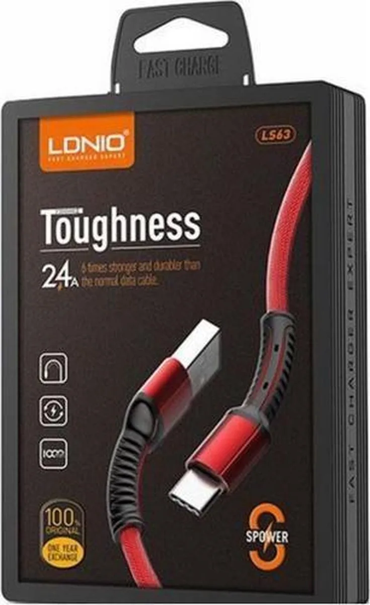 LS63 Toughness Oplaad Kabel 2.4A Lightning Fast Cable Geschikt voor: Apple iPhone 14 / 13 / 12 / 11 / X / XS / XR / MAX / SE / 5 / 6 / 7 / 8 / Plus de LDNIO en Rouge – photo produit