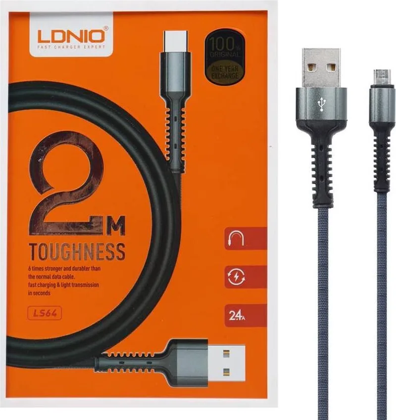 Micro usb kabel oplader universeel | geschikt Geschikt voor: Samsung Galaxy S4, S5 (mini), S6 (edge), Advance, Note / Huawei / Nokia / LG / HTC / eReader Etc Micro-usb Lader / LS64 by LDNIO in Black – product photo