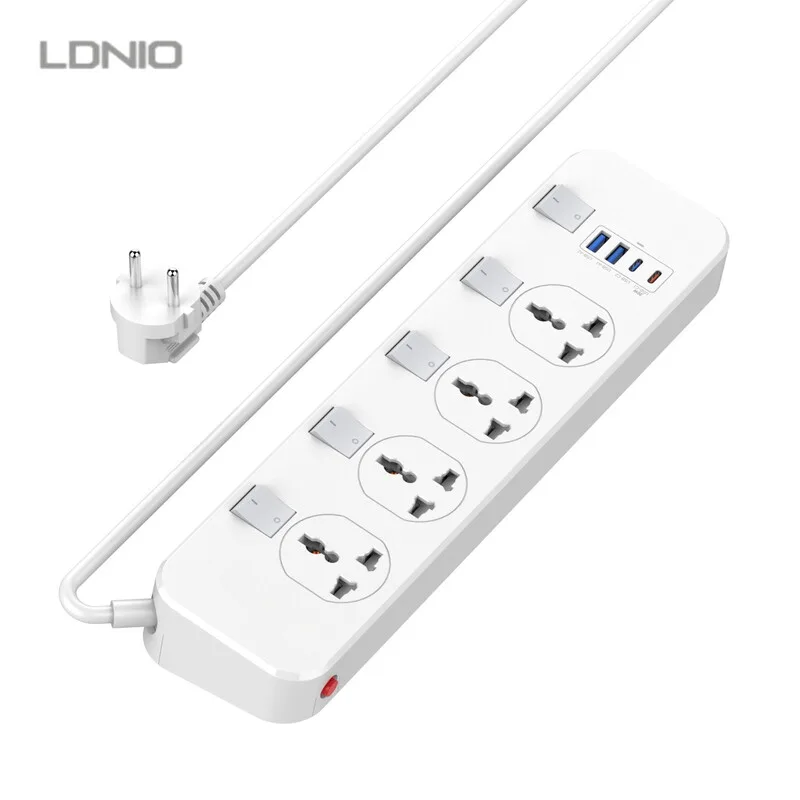 Multiprise universelle avec interrupteur indépendant, 4 prises universelles, 2 x USB-A, 1 x Type-C, 1 x USB-C PD 20 W (5 V 3 A 20 W), 5 interrupteurs de sécurité indépendants, câble d'alimentation de 2 m, avec protection contre les surtensions, prise de raccordement pour prises UE et US de LDNIO – photo produit