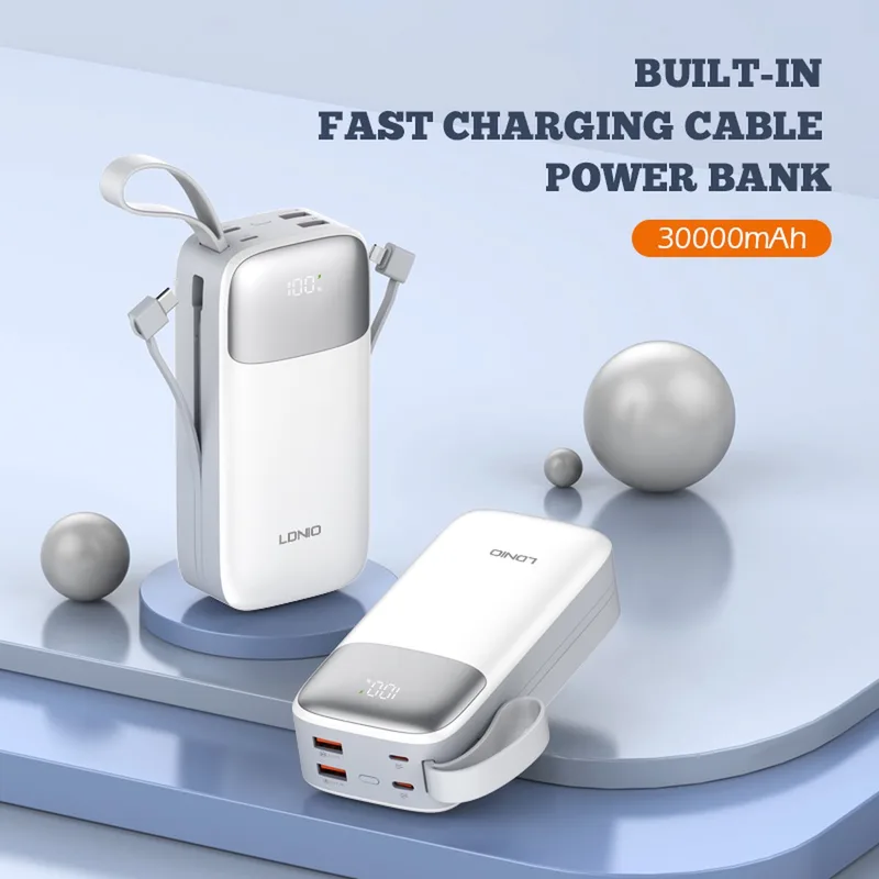 powerbank 30000 mah PQ30 USB-C snellaad-powerbanks slim LED-display Ingebouwde oplaadkabel Power Bank från LDNIO i Vit – produktbild
