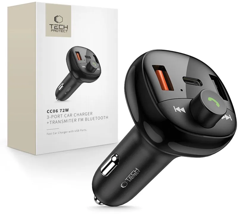 Tech-Protect - Bluetooth Muziek FM Transmitter Handsfree Bellen - Snellader - USB-C & USB-A by LDNIO in Black – product photo