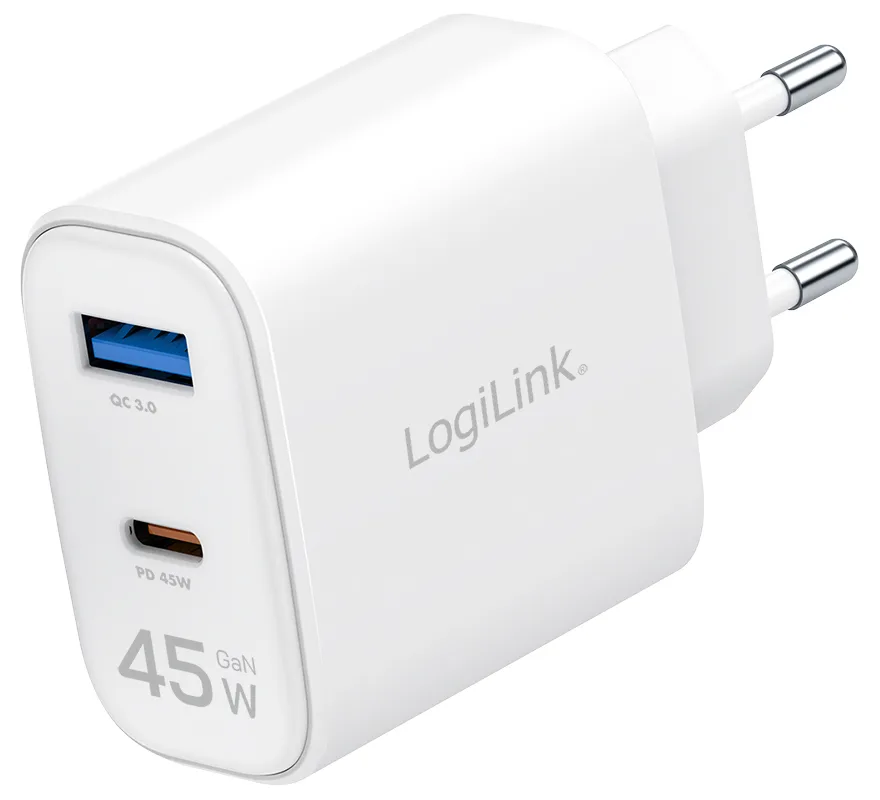 USB-Steckdosenadapter, 1x USB-C (PD), 1x USB-A (QC) von LogiLink – Produktfoto