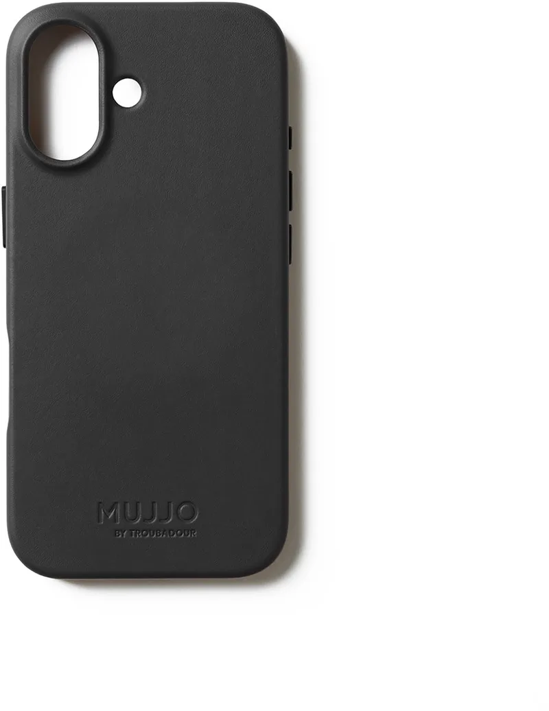 Volledig Lederen Hoesje iPhone 17 – 1mm Verhoogde Leren Rand voor Schermbeveiliging – Unieke Patina Over Tijd – Volledig Omhuld in Fijnkorrelig Kalfsleer från Mujjo i Svart – produktbild