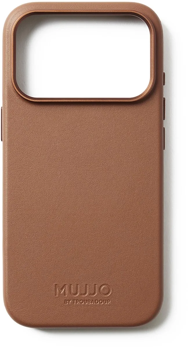 Volledig lederen hoesje iPhone 17 Pro – 1mm verhoogde leren rand voor schermbeveiliging – Unieke patina met de tijd – Gemaakt van fijnkorrelig Deens kalfsleer van Mujjo in Bruin – productfoto