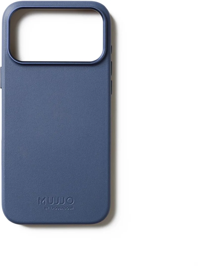 Volledig lederen hoesje iPhone 17 Pro Max – 1mm verhoogde leren rand voor schermbeveiliging – Unieke patina over tijd – Gemaakt van fijnkorrelig Deens kalfsleer fra Mujjo i Blå – produktbillede