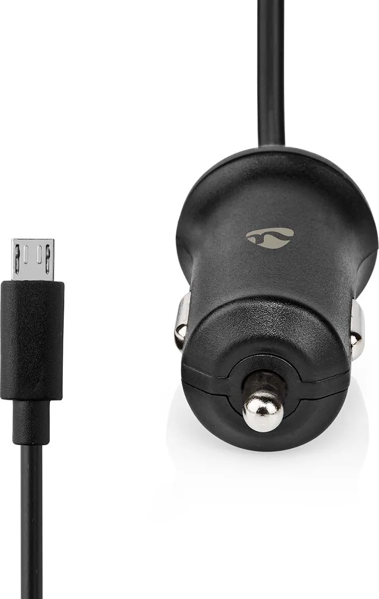 Autolader - 12 W - 1x 2.4 A - Outputs: 1 - Micro-USB - 1.00 m - Single Voltage Output van Nedis in Zwart – productfoto