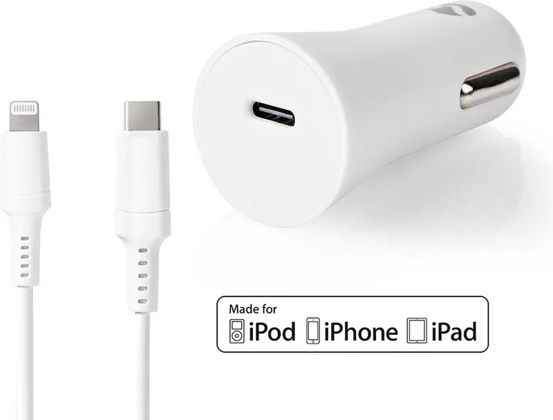 Autolader - 20 W - 1.67 / 2.22 / 3.0 A - Outputs: 1 - Poorttype: USB-C - Lightning 8-Pins (Los) Kabel - 1.00 m - Automatische Voltage Selectie de Nedis en Blanc – photo produit