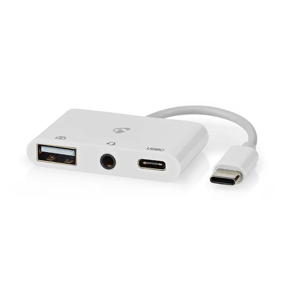 Ccgb64790wt01 3-in-1 Multi-poort Usb-adapter Usb 2.0 Usb-c M-usb-a V/usb-c V/v 480 Mbps Vernikkeld 3.5mm 0.1 M fra Nedis – produktbillede