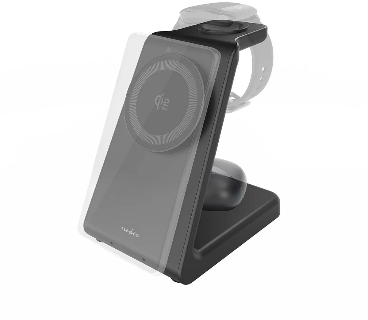 Draadloze Oplader - 3-in-1 - 5 / 7.5 / 10 / 15 / 25 W - LED-indicatie in gebruik - Inclusief kabel - USB-C - 1.00 m de Nedis en Noir – photo produit