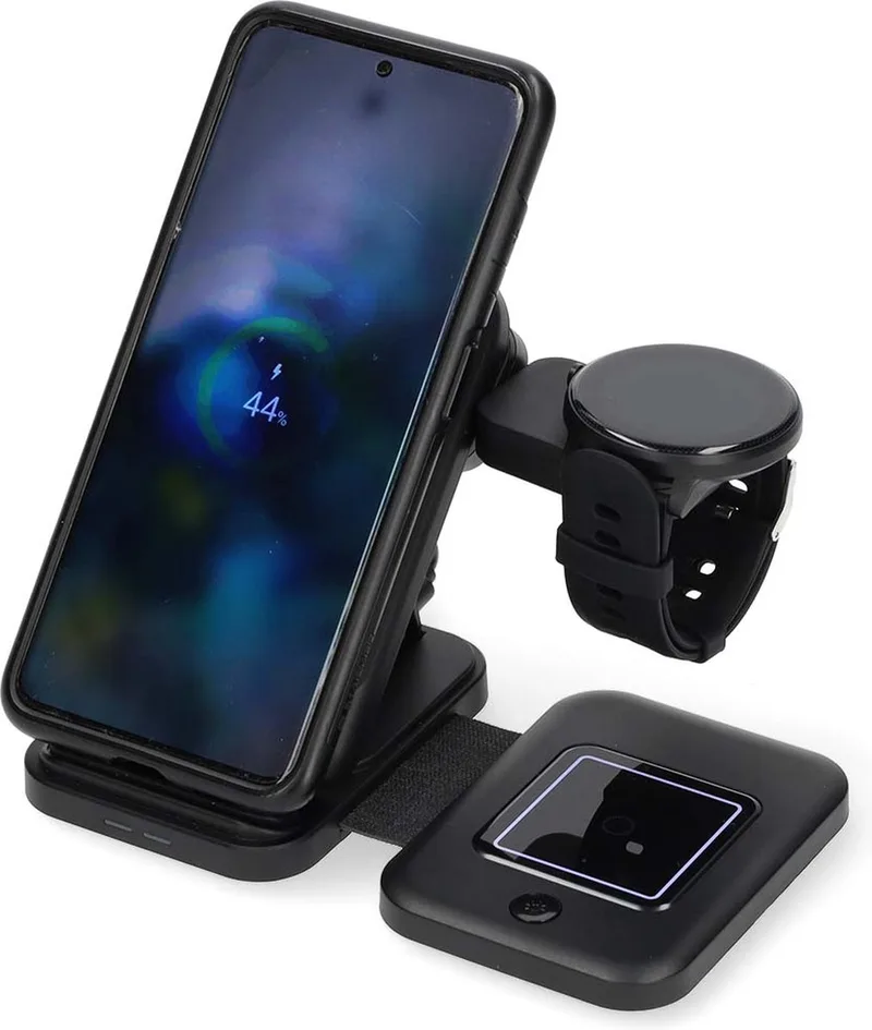 Nedis 3-in-1 Draadloze Oplader - Draadloos Oplaadstation 15W - Geschikt voor Smartwatch / Smartphones / Oortjes van Nedis in Zwart – productfoto