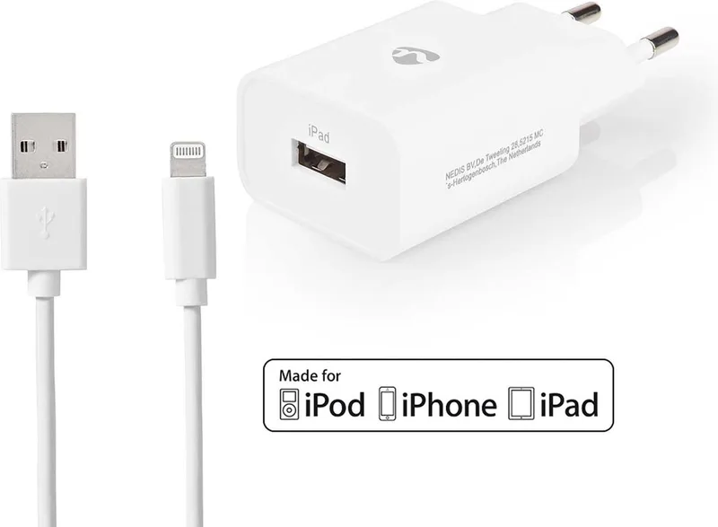 Oplader - 12 W - 1x 2.4 A - Outputs: 1 - USB-A - Lightning 8-Pins (Los) Kabel - 1.00 m - Single Voltage Output de Nedis en Blanc – photo produit