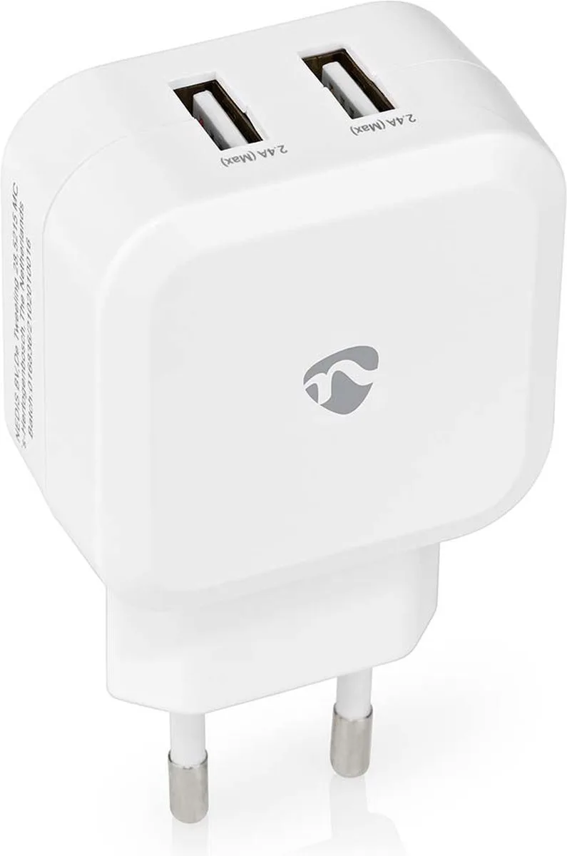 Oplader - 24 W - 2x 2.4 A - Outputs: 2 - 2x USB-A - Geen Kabel Inbegrepen - Single Voltage Output fra Nedis i Hvid – produktbillede