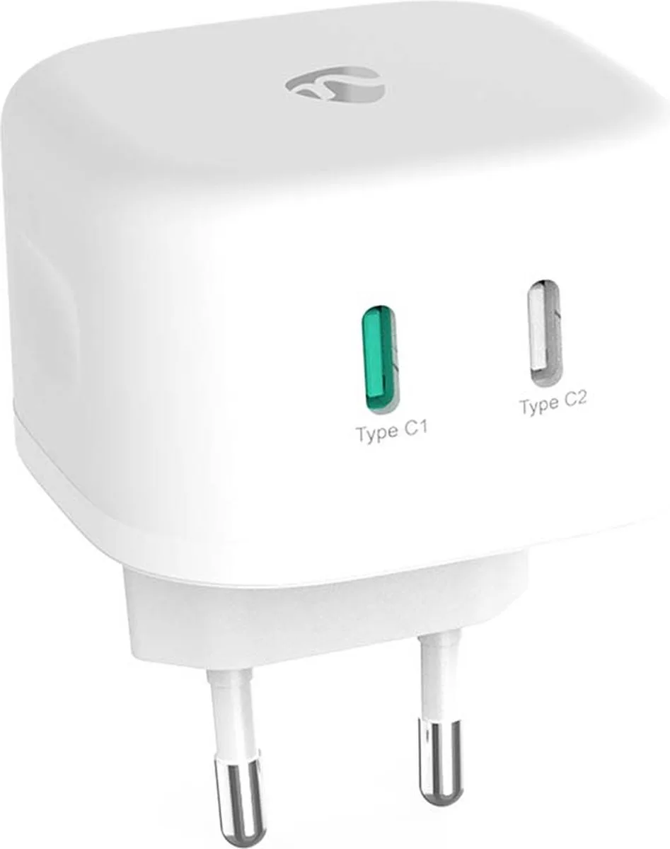 Oplader - 45 W - GaN - PD3.0 45W - 2.25 / 3.0 A - Outputs: 2 - 2x USB-C - Automatische Voltage Selectie de Nedis en Blanc – photo produit