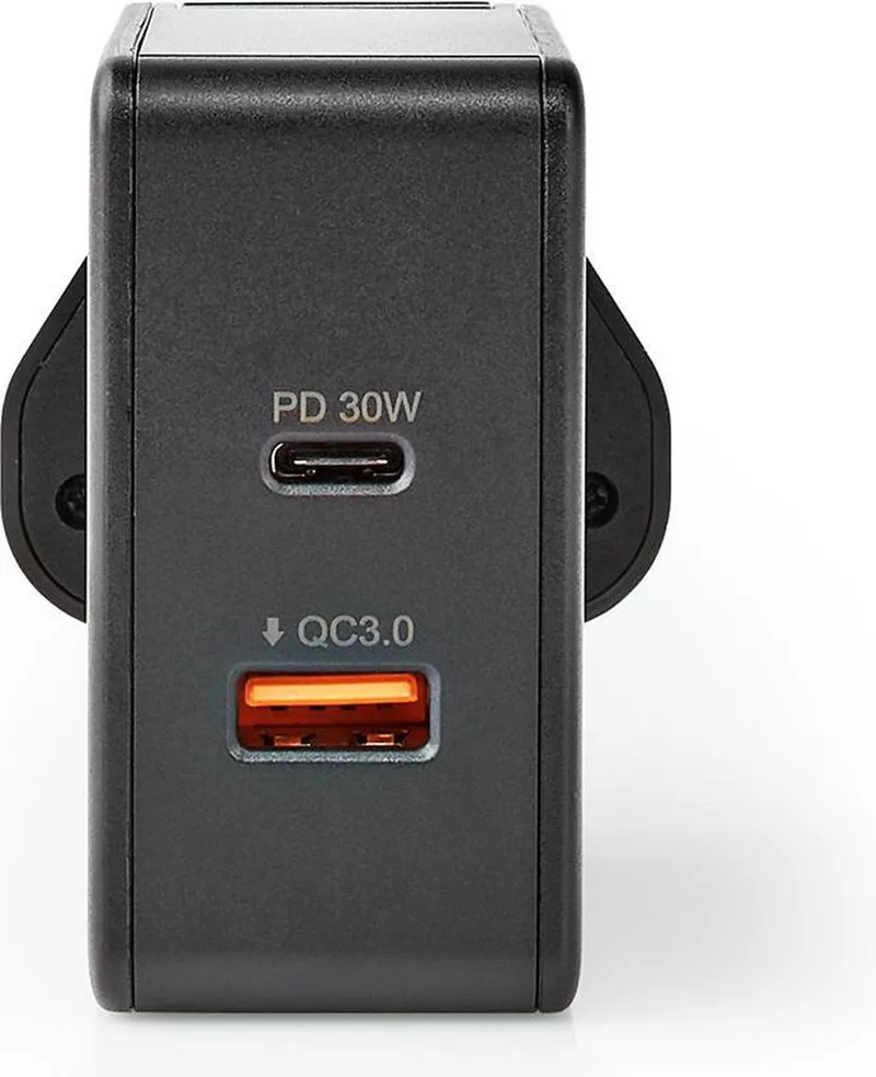 Oplader - 48 W - Snellaad functie - 2x 3.0 A - Outputs: 2 - USB-A / USB-C™ - Geen Kabel Inbegrepen - Automatische Voltage Selectie by Nedis in Black – product photo