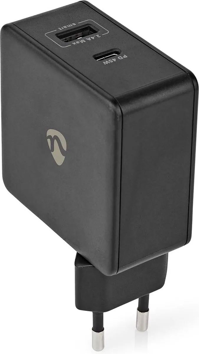 Oplader - 57 W - PD3.0 45W - 2.25 / 2.4 / 3.0 A - Outputs: 2 - USB-A / USB-C - Geen Kabel Inbegrepen - Automatische Voltage Selectie by Nedis in Black – product photo