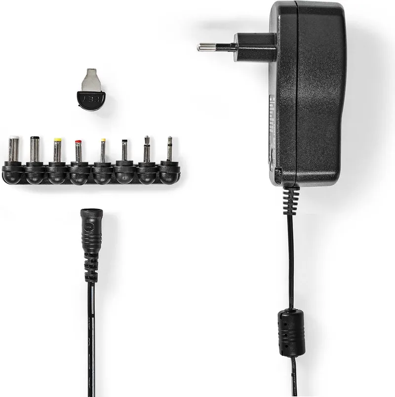 Universele AC-Stroomadapter - 18 W - 3 / 4.5 / 5 / 6 / 7.5 / 9 / 12 V DC - 1.10 m - 1.5 A - 8 plug(s) by Nedis in Black – product photo