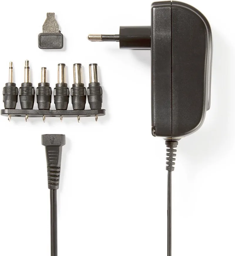 Universele AC-Stroomadapter - 18 W - 3 / 4.5 / 5 / 6 / 7.5 / 9 / 12 V DC - 1.80 m - 1.5 / 2.1 A - 6 plug(s) by Nedis in Black – product photo