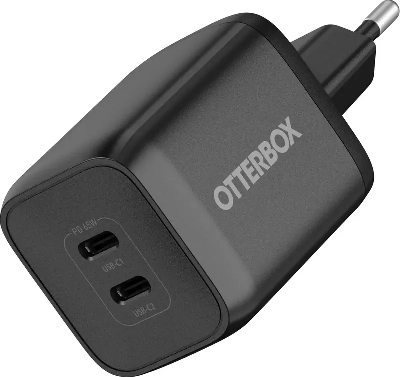 Wall USB-oplader 65 W 2x USB-C PPS, USB PD 3.0, USB PD GaN, Zonder kabel, Snellader by OtterBox in Black – product photo