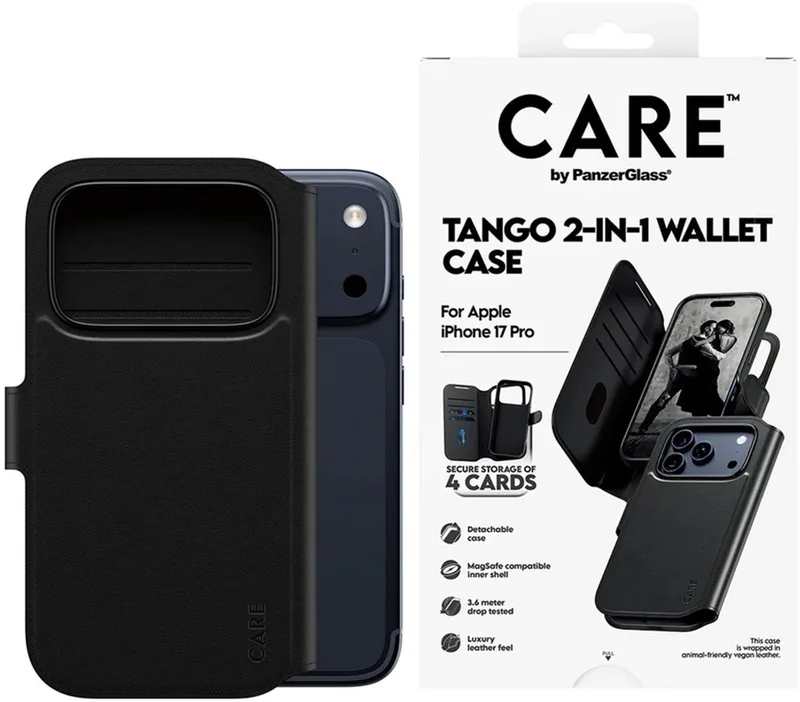 CARE by PanzerGlass Tango 2 in 1 Wallet Case geschikt voor MagSafe geschikt voor iPhone 17 Pro - Black van PanzerGlass in Zwart – productfoto