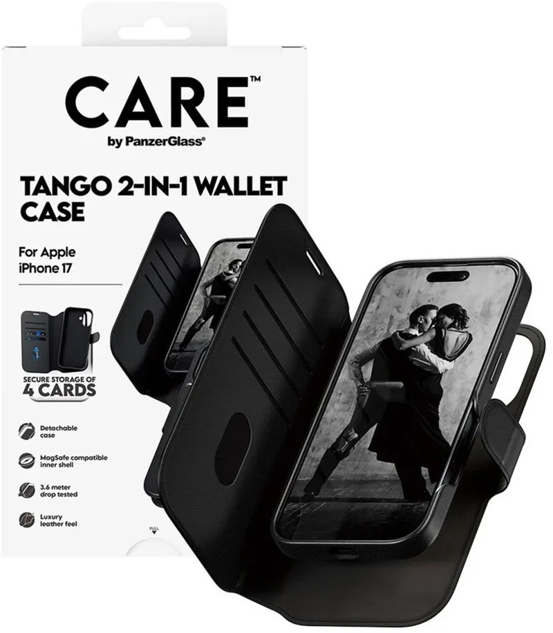 CARE by PanzerGlass Tango 2 in 1 Wallet Case geschikt voor MagSafe geschikt voor iPhone 17 - Black by PanzerGlass in Black – product photo