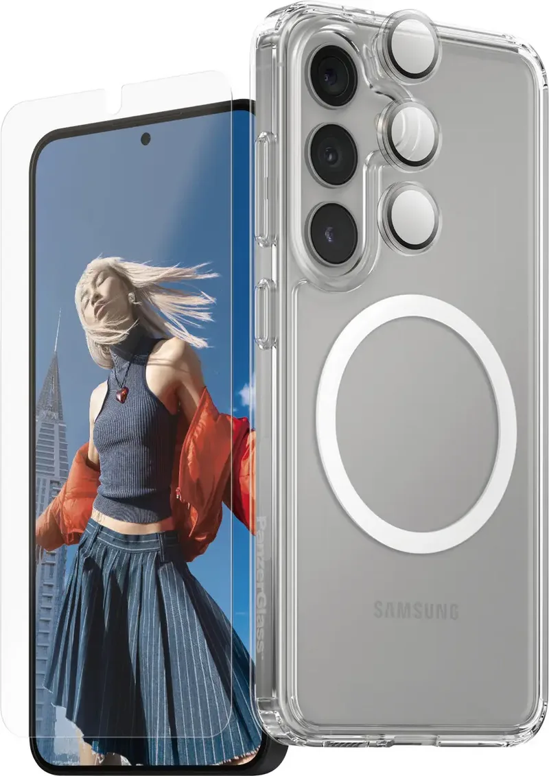 CARE Flagship 3-in-1 Set (hoesje + beschermglas) Samsung Galaxy S25+ Inductieve lading, Stootbestendig by PanzerGlass in Transparent – product photo