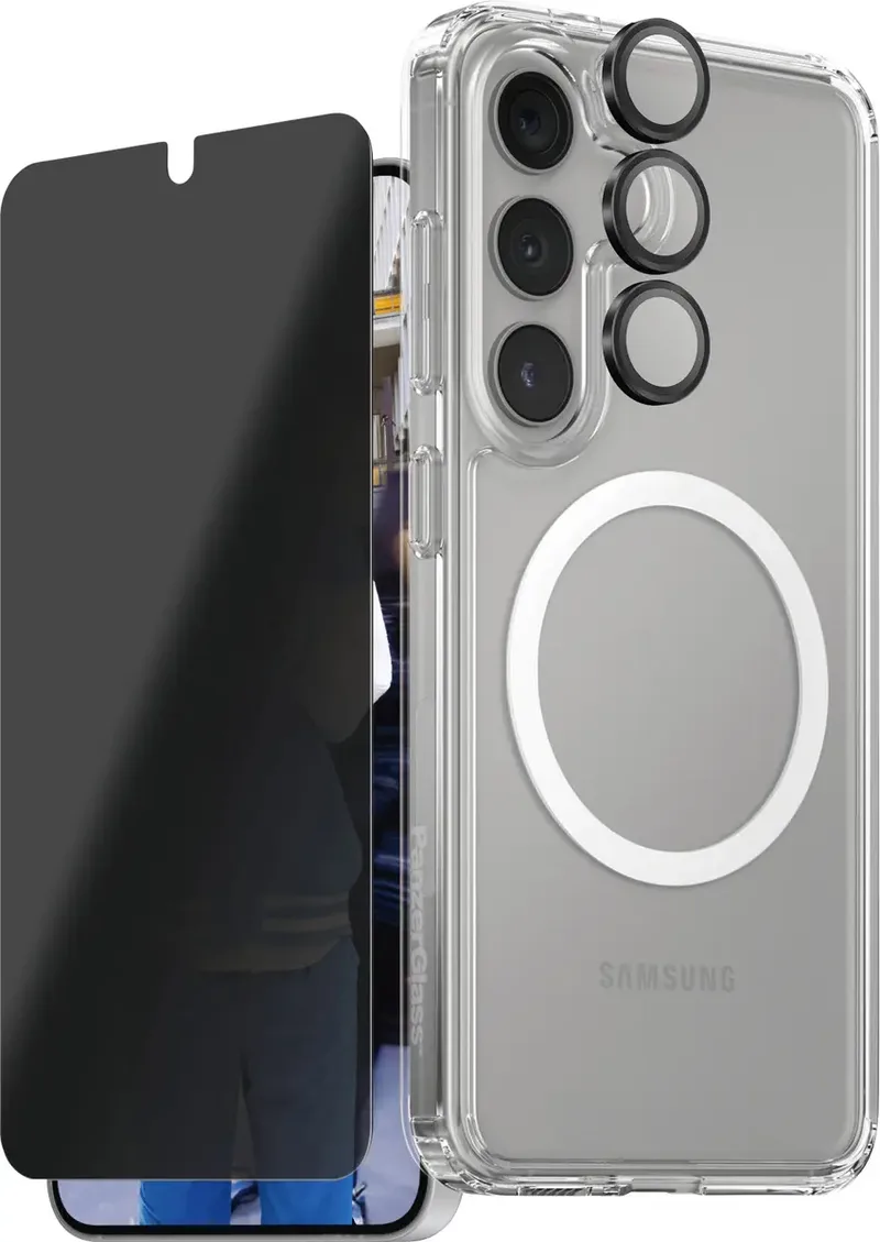 CARE Flagship 3-in-1 Set (hoesje + beschermglas) Samsung Galaxy S25 Transparant, Zwart Inductieve lading, Stootbestendig von PanzerGlass in Transparent, Schwarz – Produktfoto
