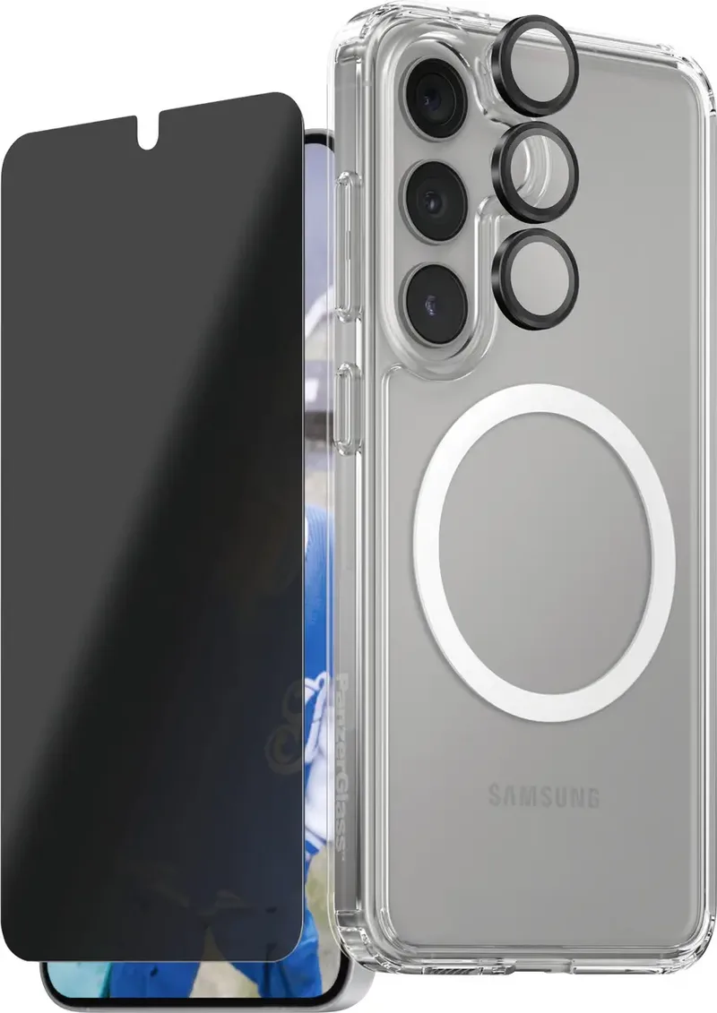 CARE Flagship 3-in-1 Set (hoesje + beschermglas) Samsung Galaxy S25+ Transparant, Zwart Inductieve lading, Stootbestendig från PanzerGlass i Transparent, Svart – produktbild