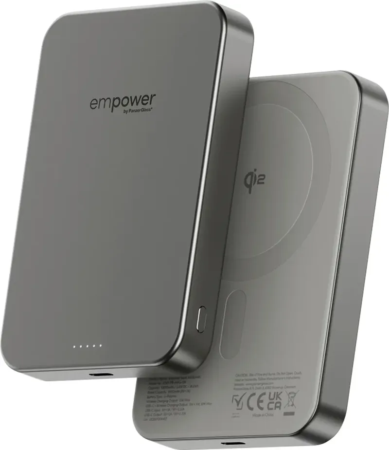empower Bank Powerbank 10000 mAh Magsafe, Qi Wireless Charging USB-C Grijs Statusweergave von PanzerGlass – Produktfoto