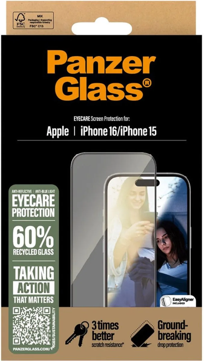 EyeCare Ultra-Wide Fit Screen Protector geschikt voor iPhone 16 från PanzerGlass – produktbild
