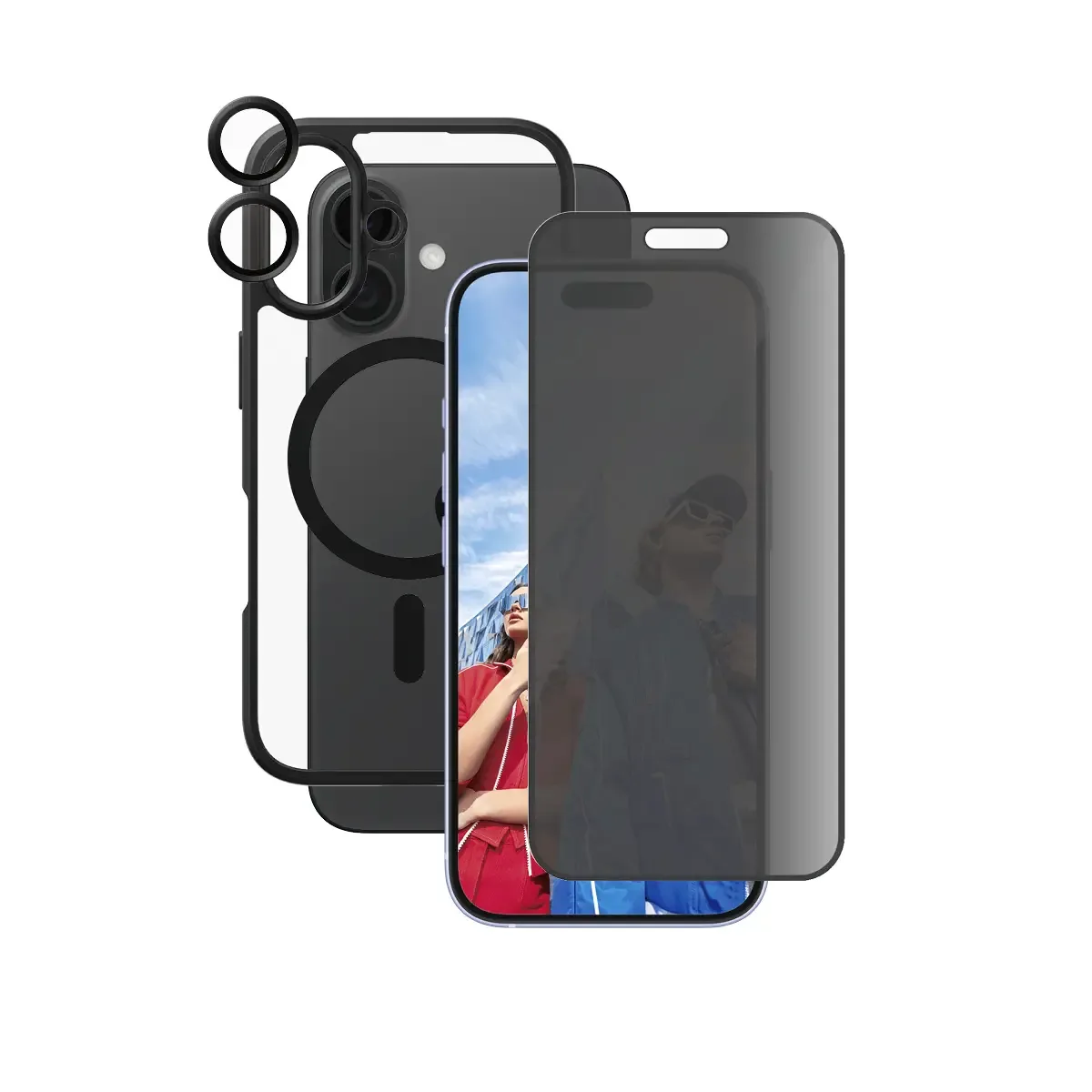 Flagship 3-in-1 Privacy Hülle + Schutzglas Set Apple iPhone 16 Transparent, Schwarz B1357+P2861+1283 från PanzerGlass – produktbild