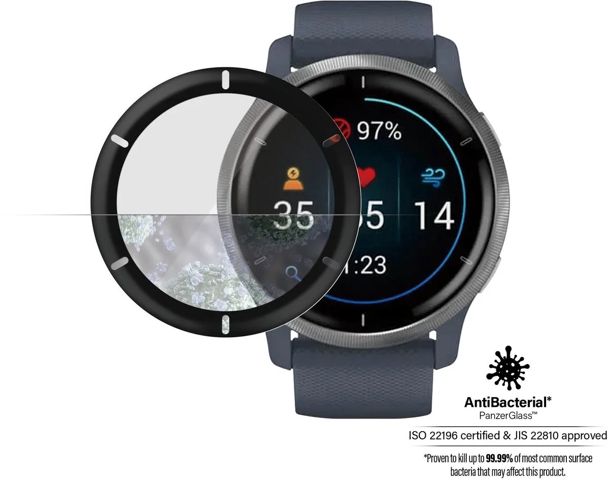 Garmin Venu 2/Venu 2 Plus/Vivoactive 4 Screen Protector - Antibacterieel Tempered Glass - Krasbestendig - Schokbestendig från PanzerGlass i Transparent – produktbild