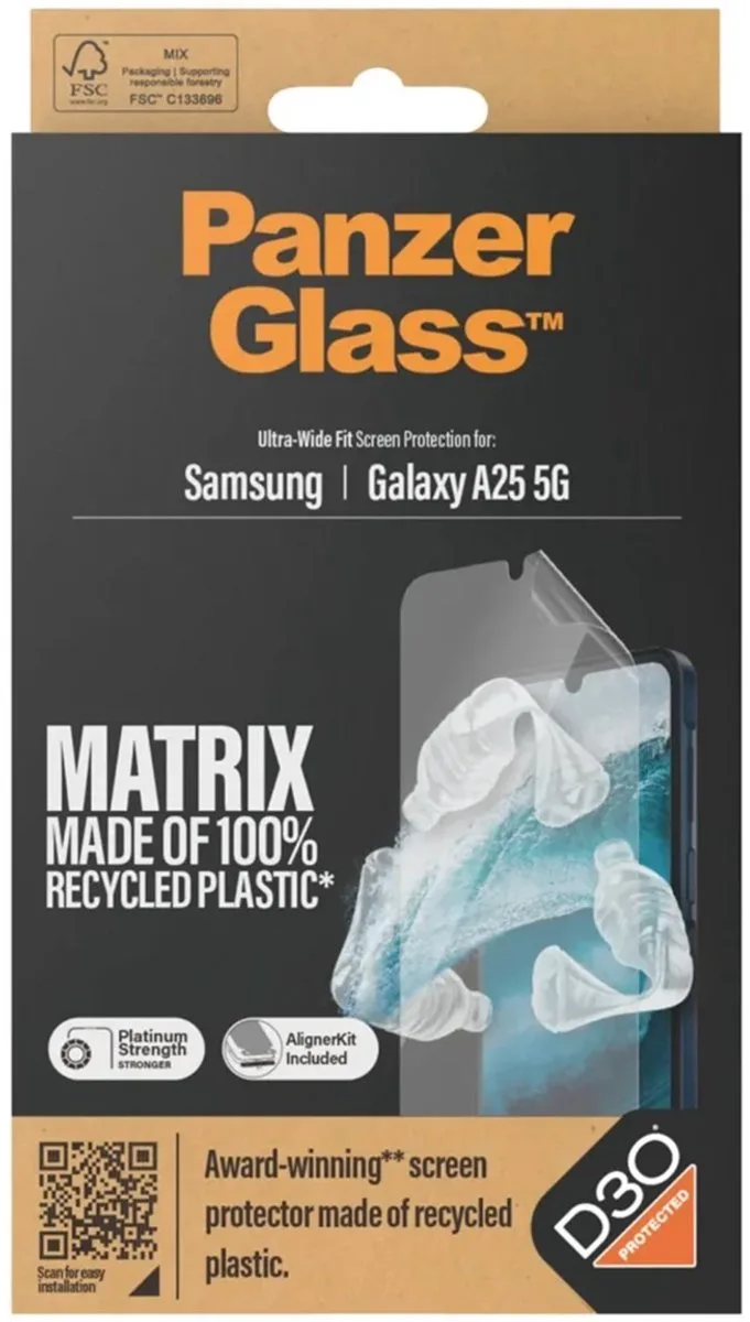 Matrix D3O Ultra-Wide Screen Protector Geschikt voor Samsung Galaxy A25 - 100% Gerecycled Plastic - Bescherm Folie - Case Friendly - met AlignerKit Montageframe de PanzerGlass – photo produit