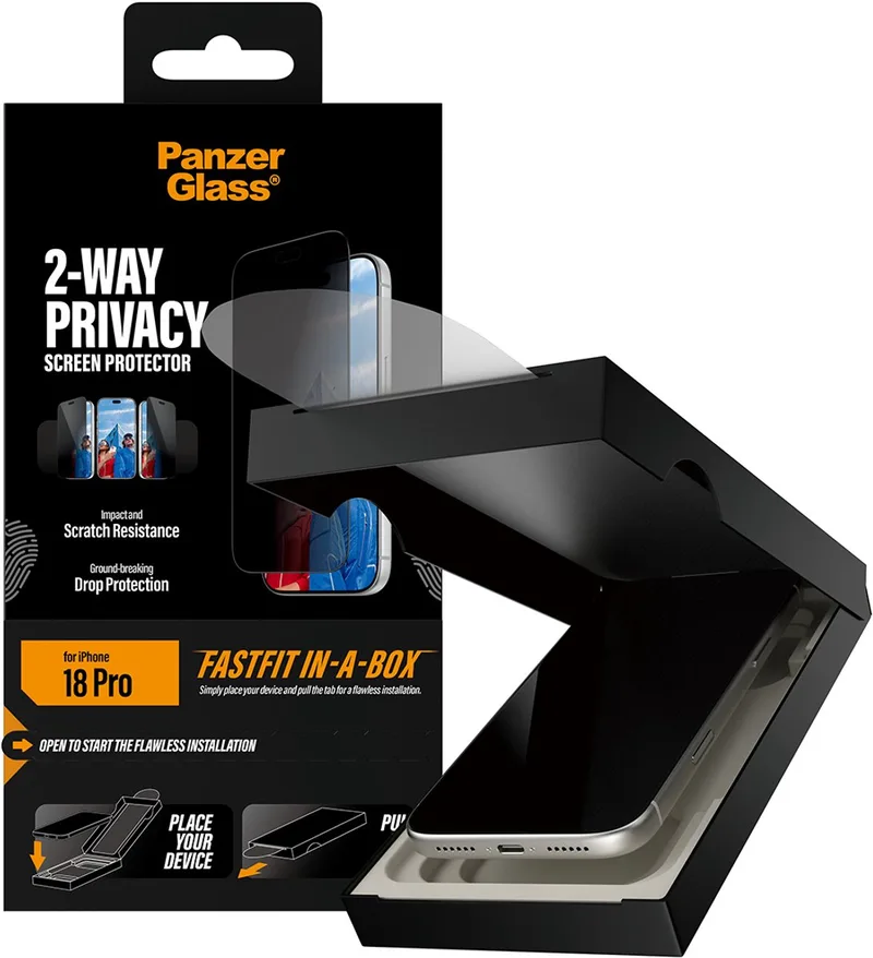 PanzerGlass 2-Way Privacy Screen Protector iPhone 18 Pro | Ultra-Wide Fit w. FASTFIT IN-A-BOX van PanzerGlass – productfoto