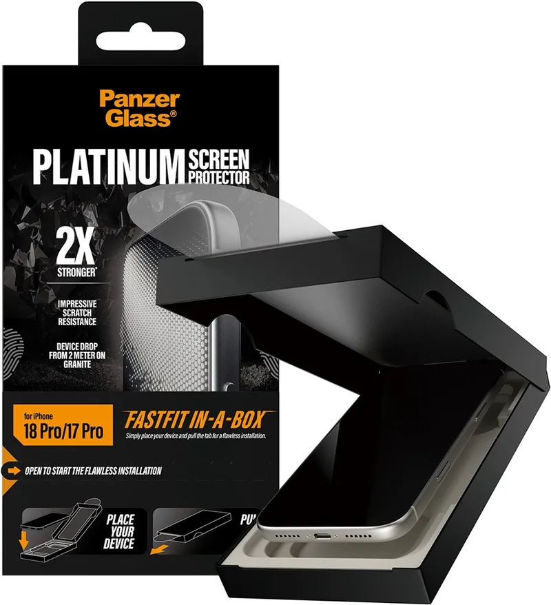 Platinum Screen Protector iPhone 18 Pro/17 Pro/Ultra-Wide Fit w. FASTFIT IN-A-BOX de PanzerGlass – photo produit