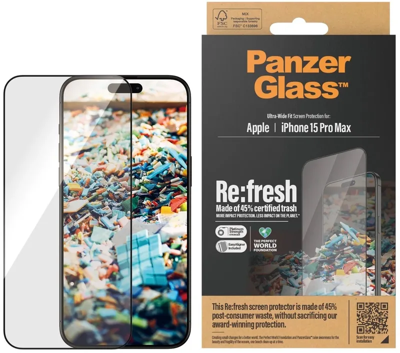 Refresh Screen Protector Geschikt voor Apple iPhone 15 Pro Max | Case Friendly Tempered Glass | Full Screen | met EasyAligner Montageframe by PanzerGlass – product photo