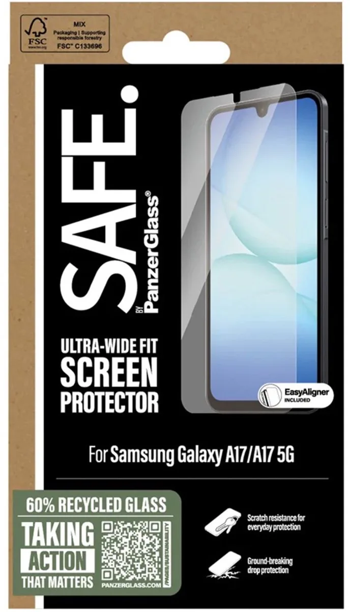 SAFE by PanzerGlass Screenprotector geschikt voor Samsung Galaxy A17 Glazen | SAFE by PanzerGlass Ultra-Wide-Fit Screenprotector - Case Friendly by PanzerGlass – product photo