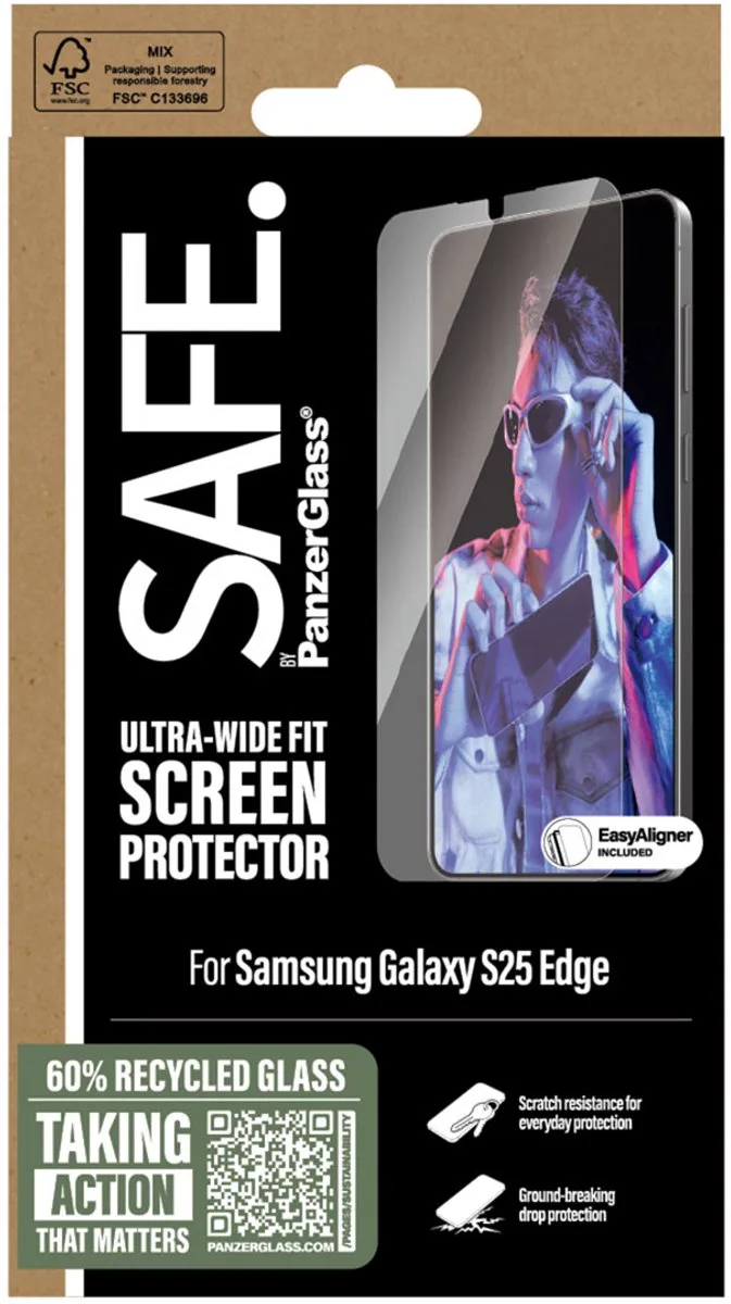 SAFE by PanzerGlass Screenprotector geschikt voor Samsung Galaxy S25 Edge Glazen | SAFE by PanzerGlass Ultra-Wide-Fit Screenprotector - Case Friendly by PanzerGlass – product photo