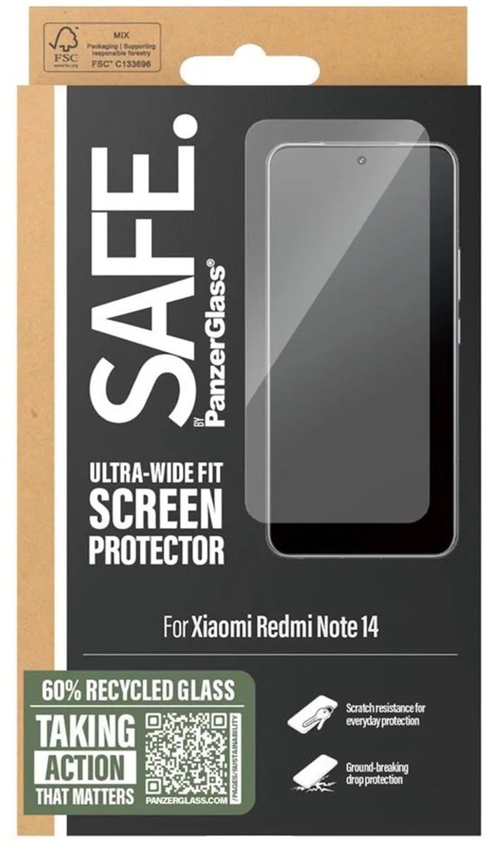 SAFE by PanzerGlass Ultra-Wide Fit Screenprotector incl. applicator voor de Xiaomi Redmi Note 14 (4G) från PanzerGlass – produktbild