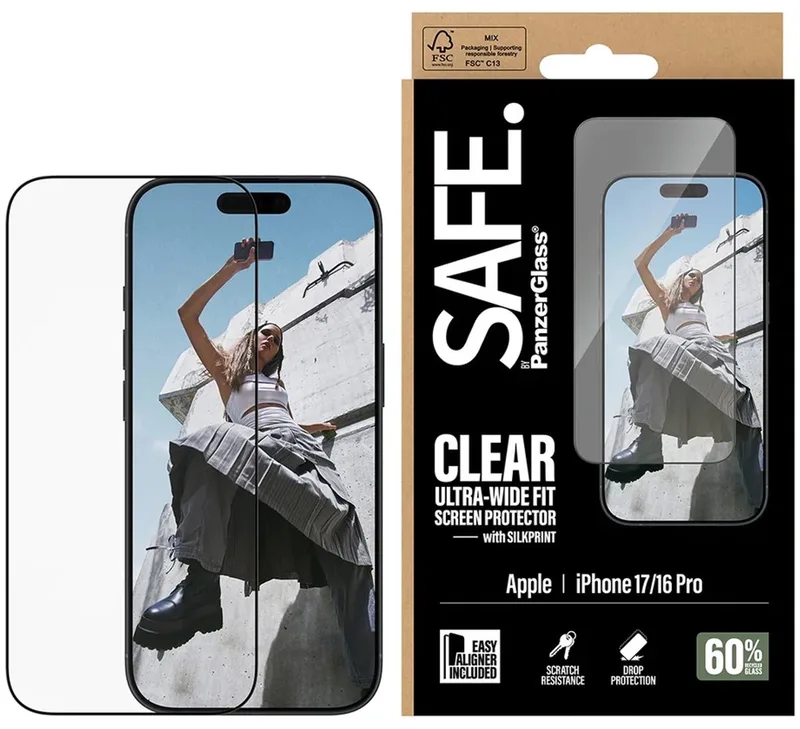 SAFE by PanzerGlass Ultra-Wide Fit Screenprotector met EasyAligner geschikt voor Apple iPhone 17 / 16 Pro by PanzerGlass – product photo